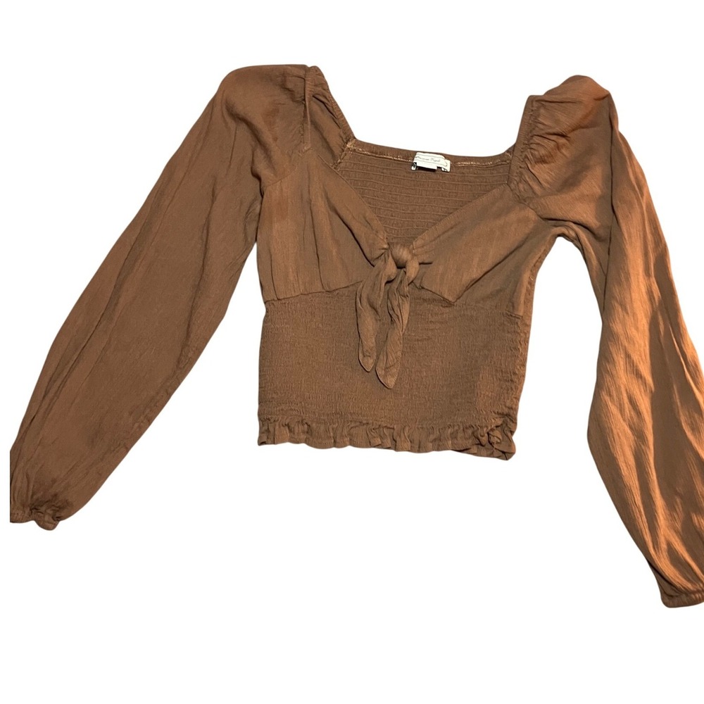 American Eagle Outfitters Brown Tie Balloon Sleeve Cropped‎ Boho Peasant Top XS